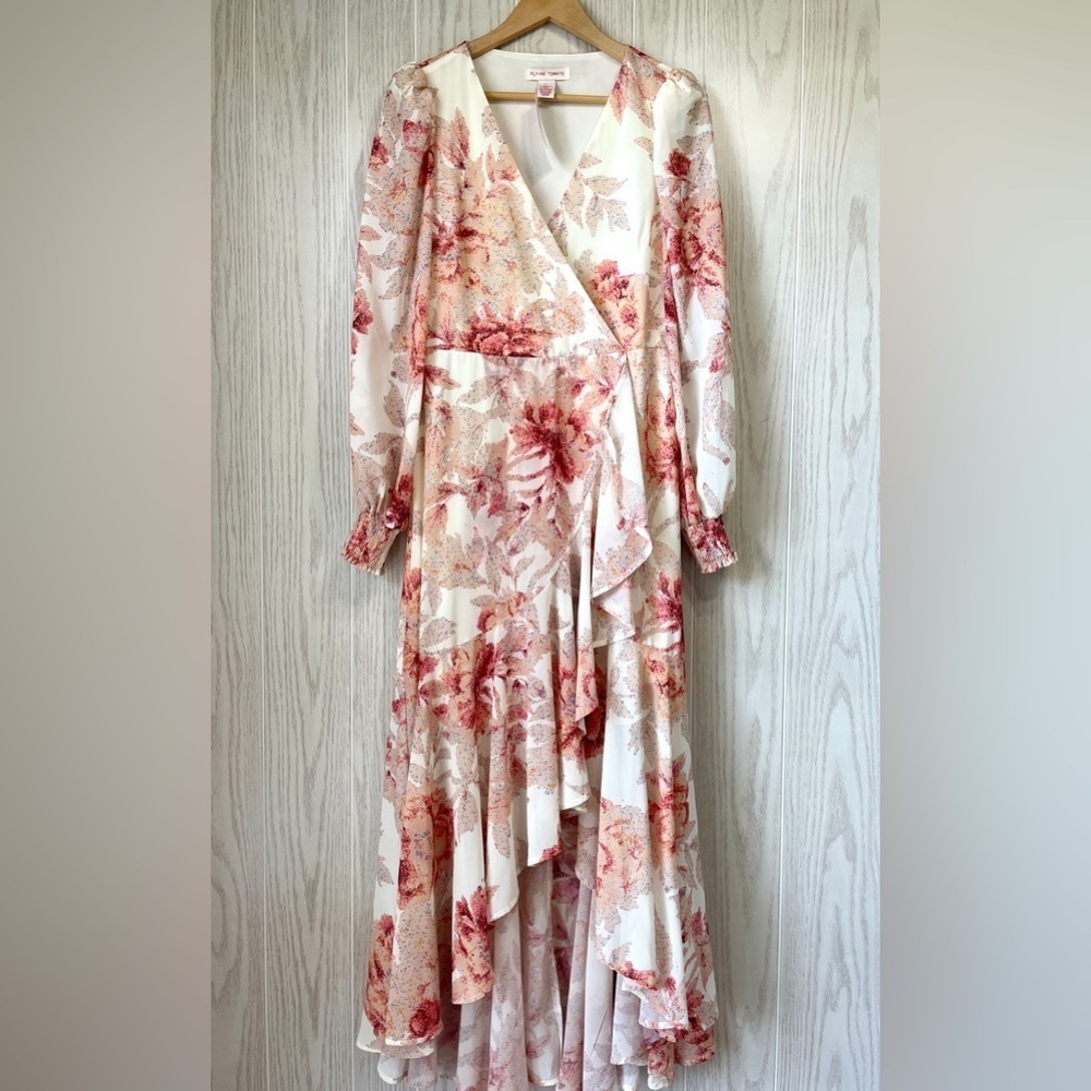 NWT Flying Tomato Midi Dress Large Floral V-Neck Long Sleeve Ruffle Faux Wrap